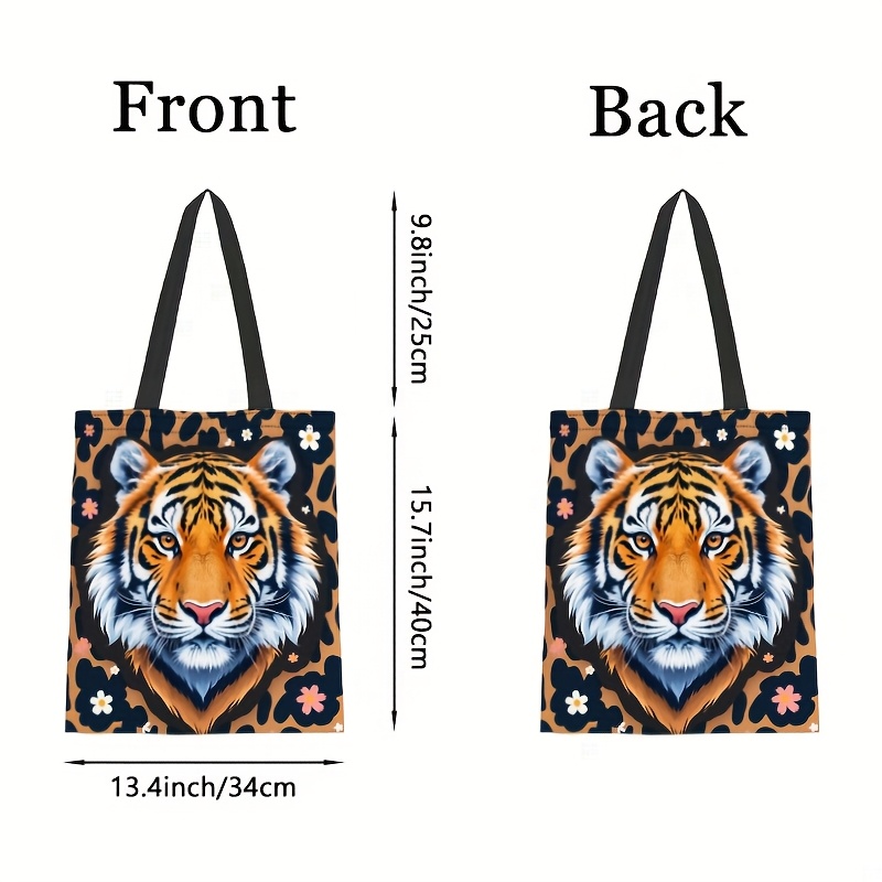 TEMU 1pc Leopard & Tiger Print Tote Bag - Durable Polyester Casual Shoulder Bag With Floral Accents, Machine Washable Reusable Shopping Bag For Daily