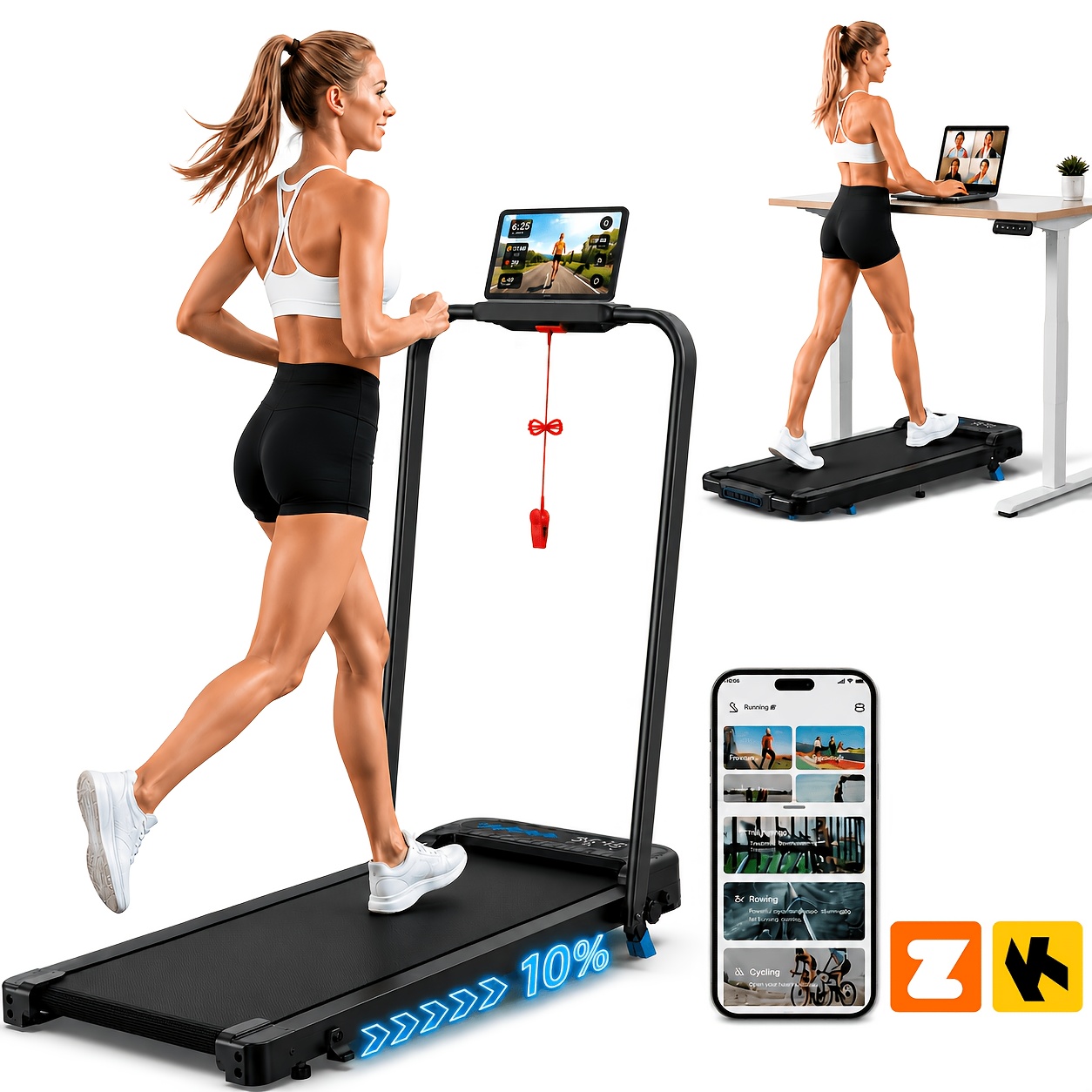 Image of Walking Pad With Incline, 4in 1 Foldable Walking Pad Treadmills With Handle Bar For Home Small Spaces, 3.0hp Portable Quiet Compact Under Desk Treadmill With , Smart App, Led Display