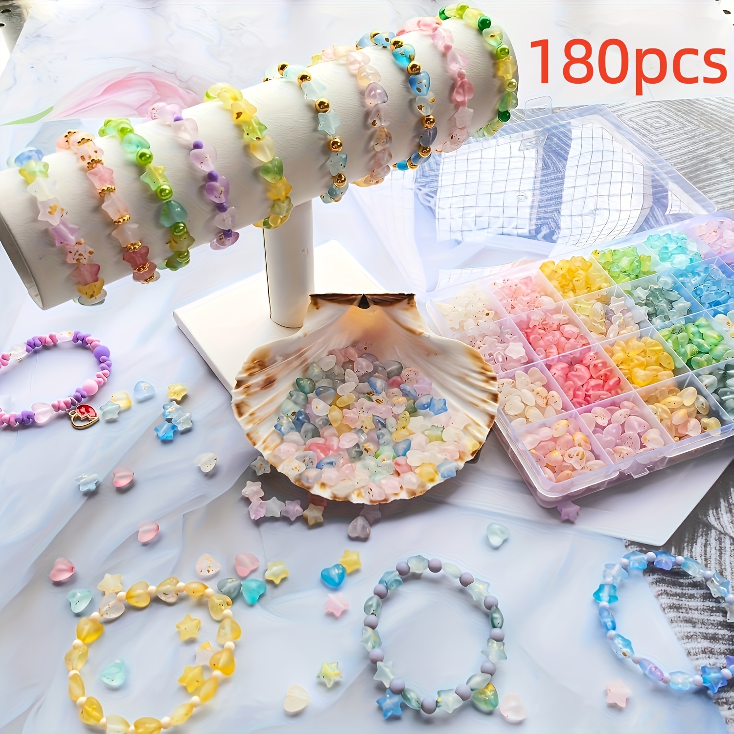 TEMU 180pcs Perles Acryliques Aléatoires d'Étoile et de Cœur, Couleurs Dégradées Individuelles - Kit d'Outils pour la Fabrication de Bijoux, Bracelet
