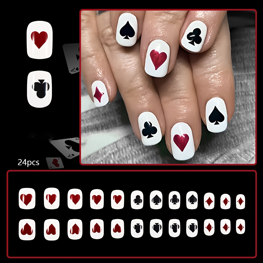 TEMU 24pcs Valentine's Day Red Heart & Spade Nail Stickers - Short Press-on Nails For, Glossy Square Shape, Mixed , -themed Manicure Kit, Valentine's Day Nails, Festive Nail Art, Durable Nail Adhesive