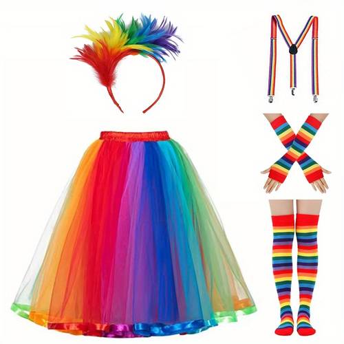 erwachsene damen-party-kostüm-set, künstliche regenbogen-feder-haube, regenbogen-spanner, regenbogen-armband, kniesocken, regenbogen-schürzen-accessoires-set, 3 stück/5 stück, bunter -tüll mit elastischem bund regenbogen-tutu, schürzenlänge 62 cm, für karneval, halloween, weihnachten, festliche tanzparty
