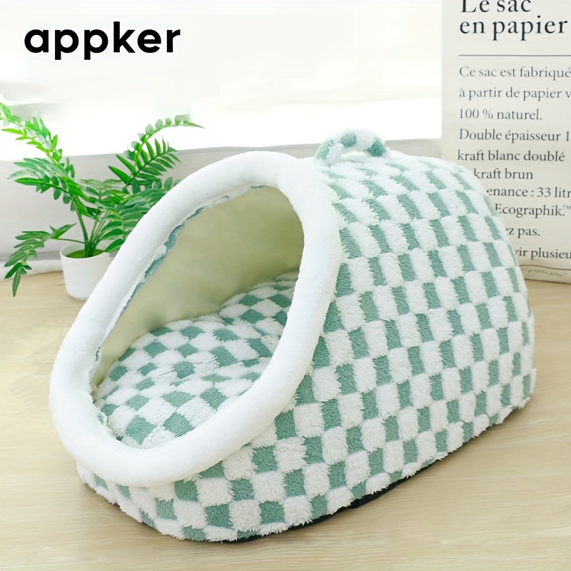   cozy checkerboard plush cat bed semi enclosed soft warm indoor kennel for cats portable and comfortable hideaway   Product details 0