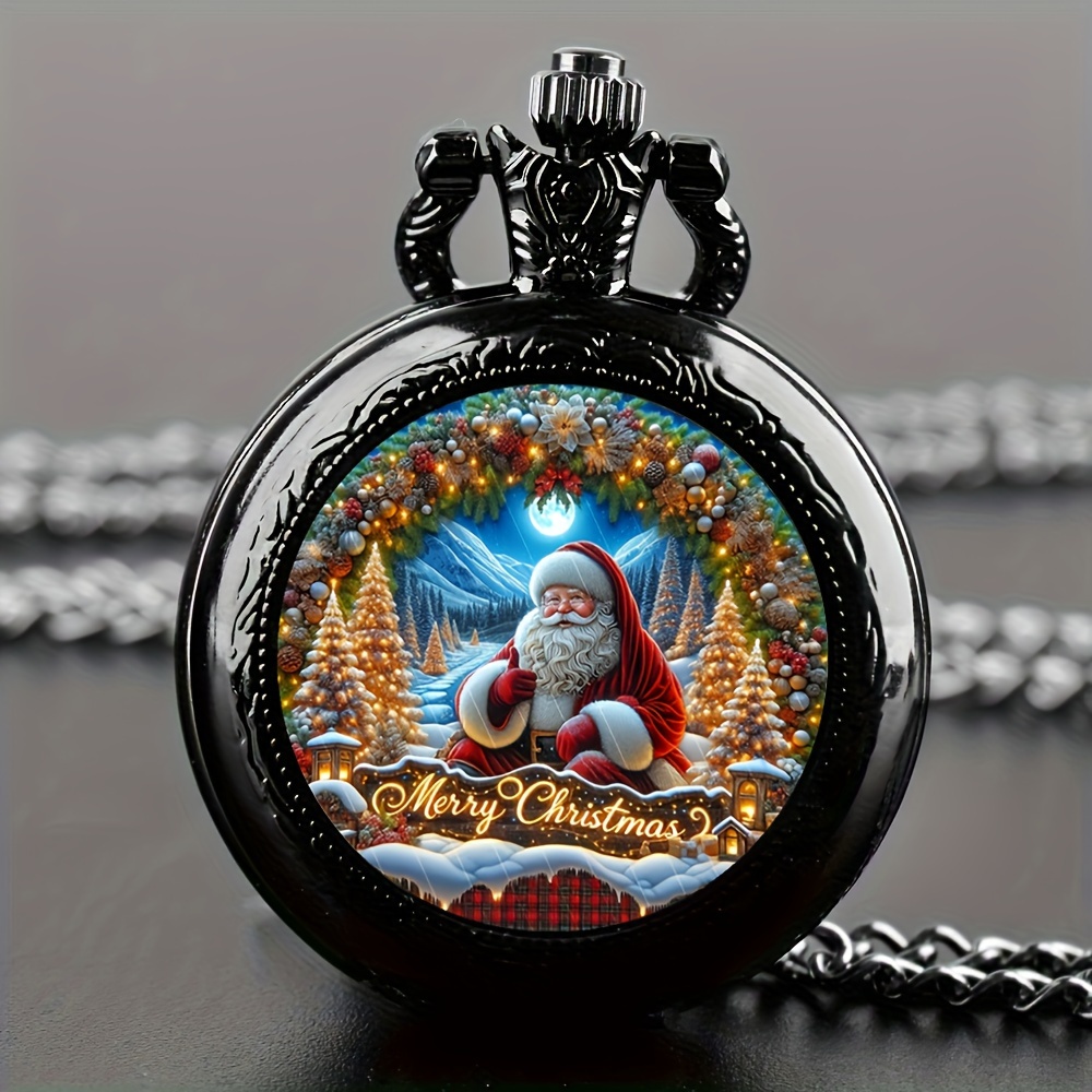 TEMU Toop Cute Christmas Theme Pocket Watch With Santa Design - Quartz Movement Stainless , Round Dial, Electronic Drive, Non-waterproof - Unique