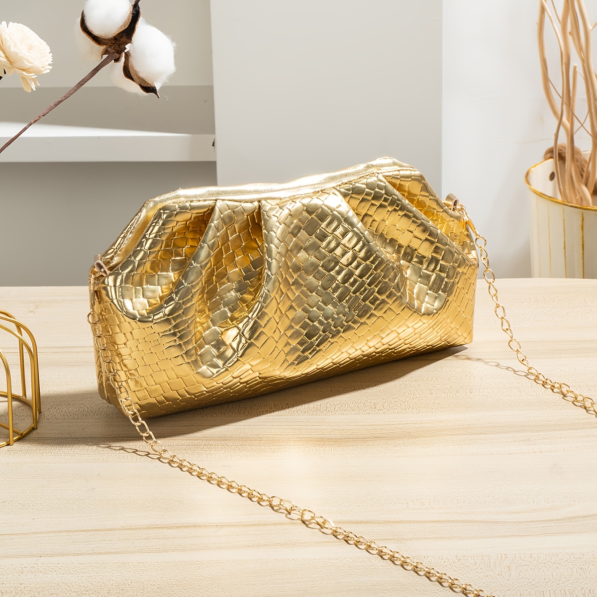 TEMU - Women's Mini Golden Crossbody Bag, Little Golden Shoulder Bag, Women's Evening Party Dinner Phone Coin Purse, Pleated Design Mini Bag