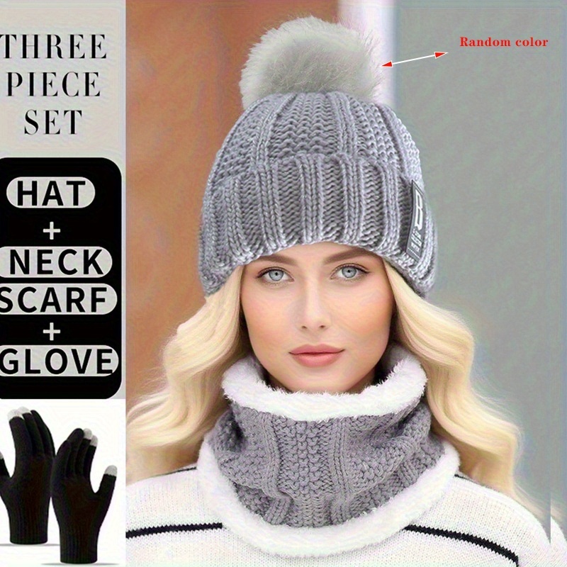 TEMU 3pcs Set Winter Soft Thermal Beanie Hat Glove Scarf Hat Balaclava Neck Scarf Cap, Random