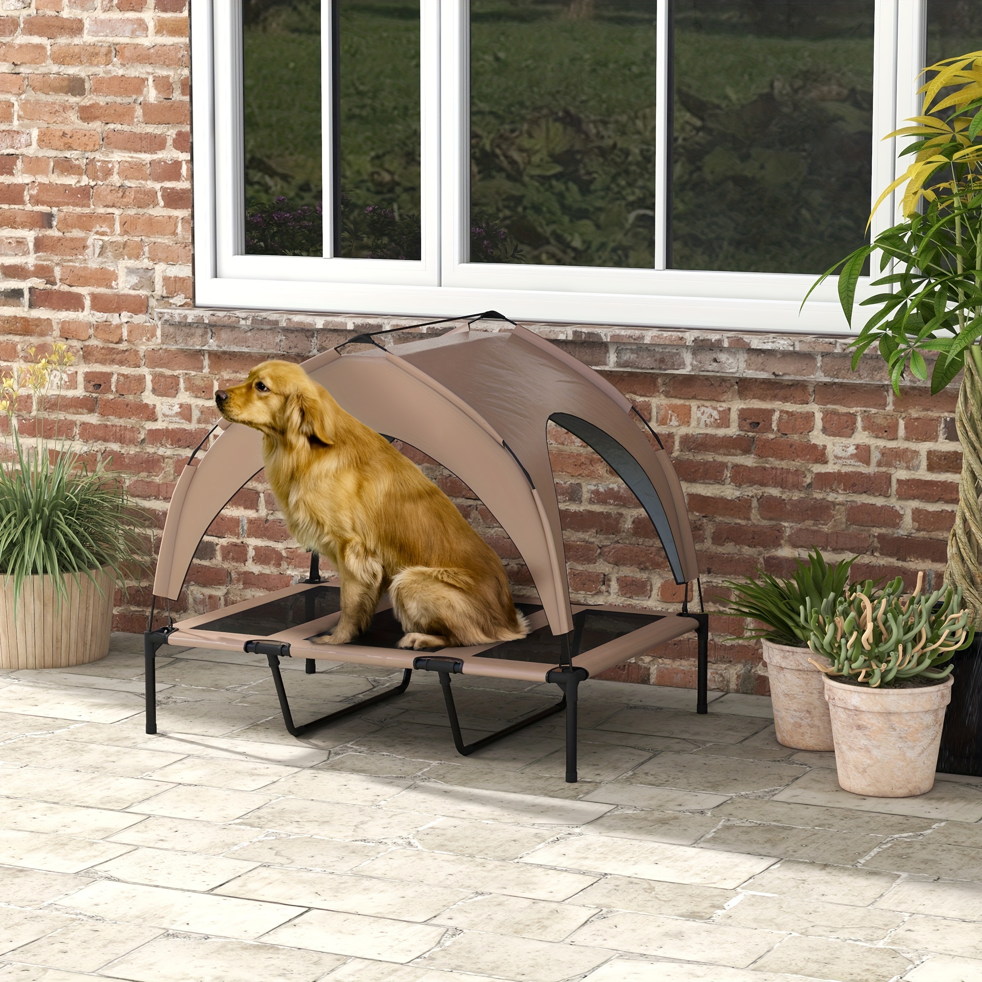 TEMU Pawhut Elevated Dog Bed With Canopy, Cooling Dog Cot Bed For Camping, Portable Raised Pet Cot With Washable Breathable Mesh, For Indoor Outdoor,
