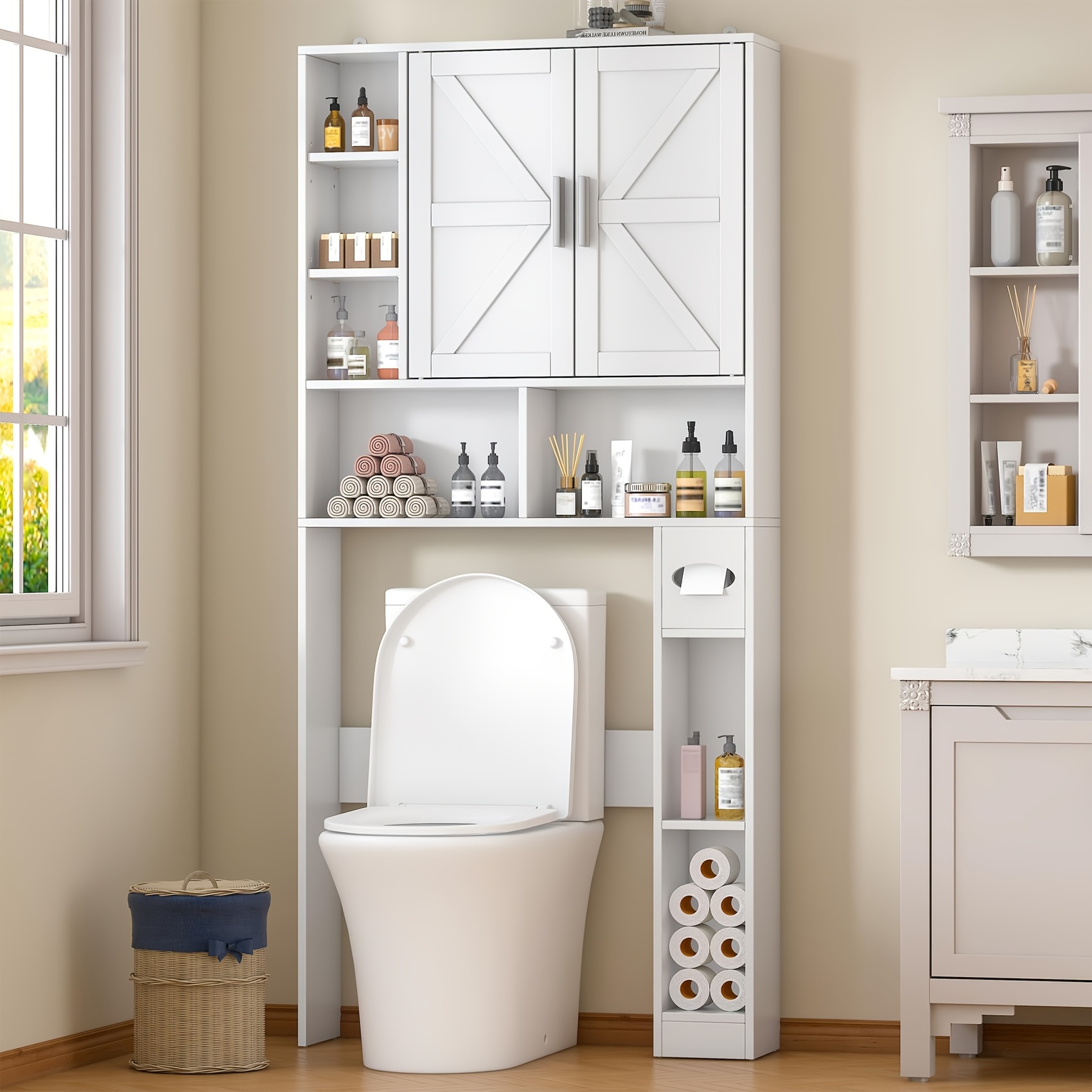 TEMU Modern Tall Over-the-toilet Cabinet With Doors & Adjustable Shelves - Space-saving Bathroom Storage Unit Suitable For Bathrooms, Laundry Rooms,