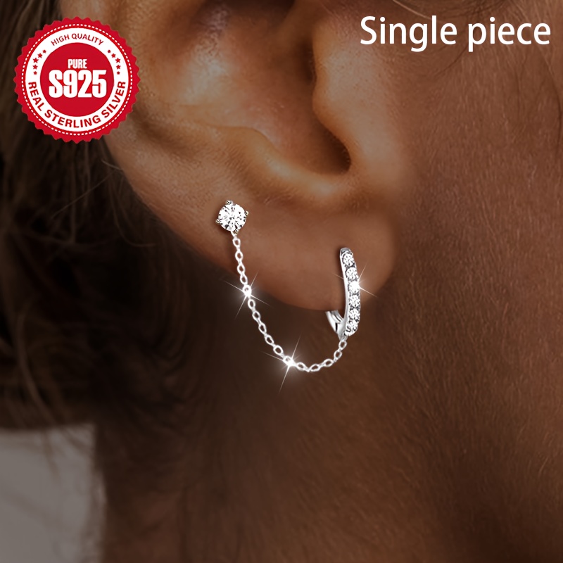 Image of Single Piece S925 Silvery Double Layer Earrings, Artificial Synthetic Zirconia, Elegant Fringe Chain Design, Exquisitely For Weddings & Parties, For Lovers ,hypoallergenic