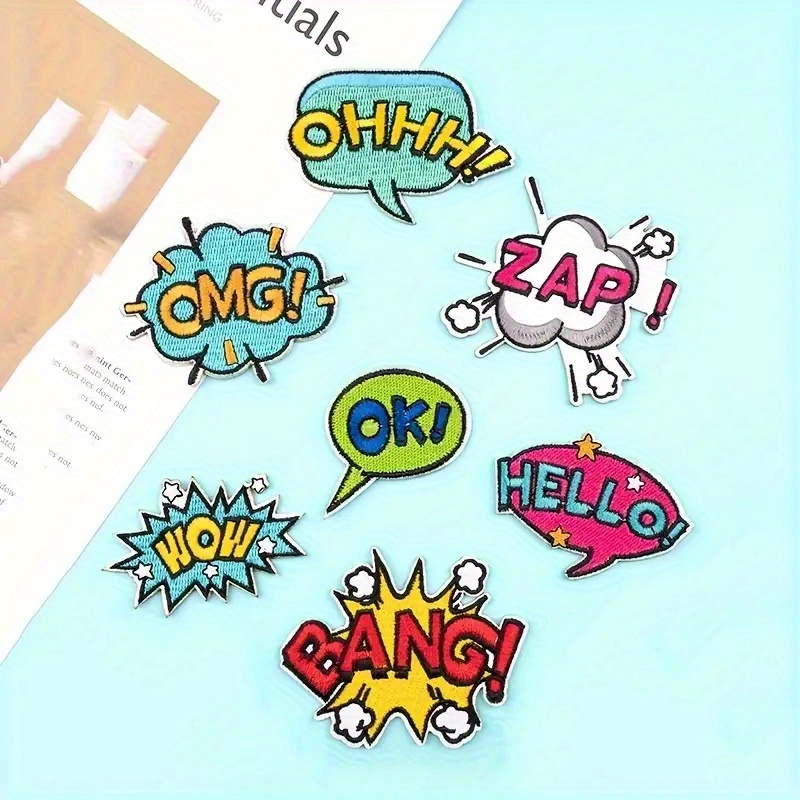 TEMU 7 piezas de parches de bordado de de cómico de dibujos animados, decalcomanías de transferencia de de expresión OMG multicolores, adecuadas para