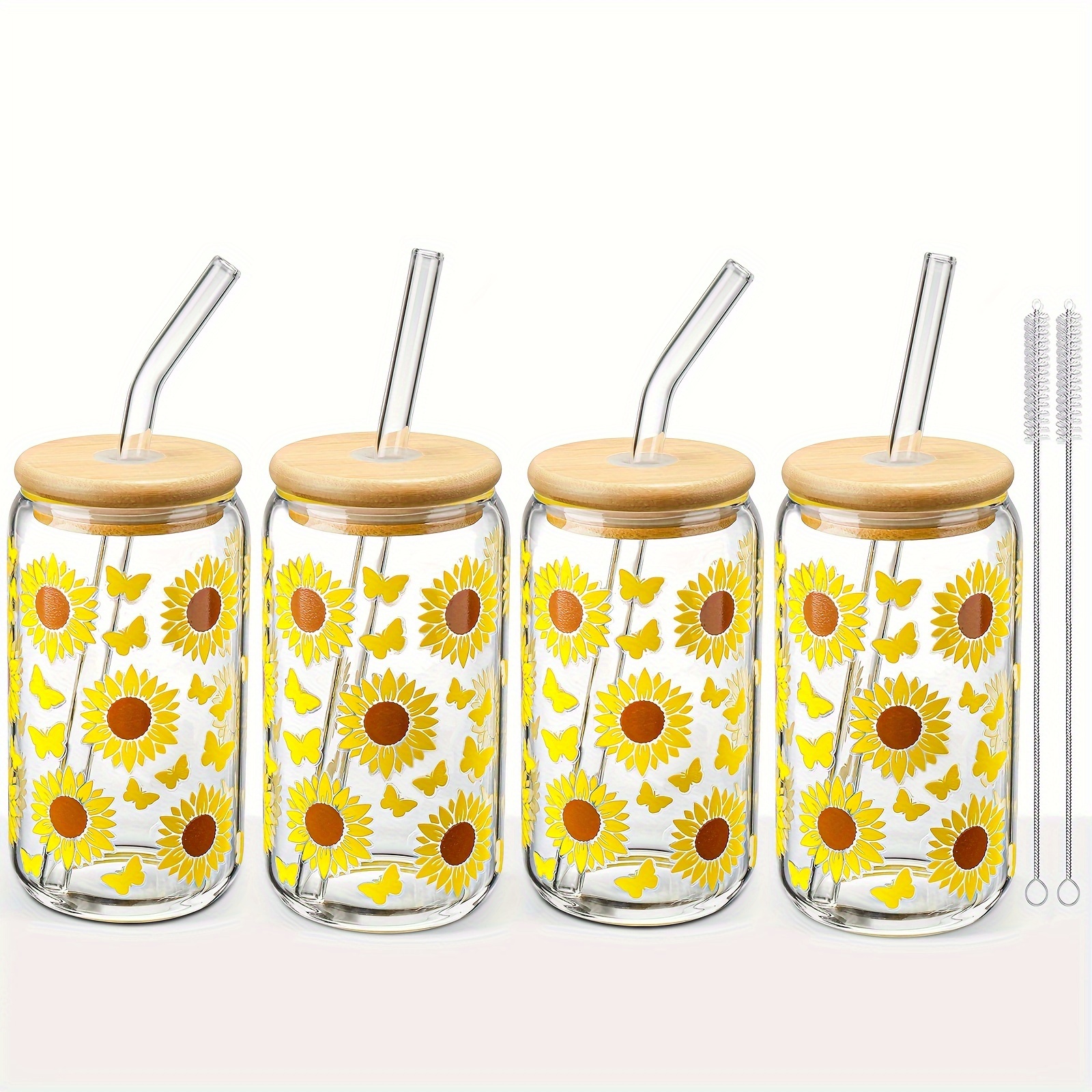 

Straw Glass With Lid (sunflower Pattern 4pcs), Transparent Glass 16 Oz Capacity Drinking Mug Set, Glass Non-tipping, Cute Design Glass Iced Coffee Mugs