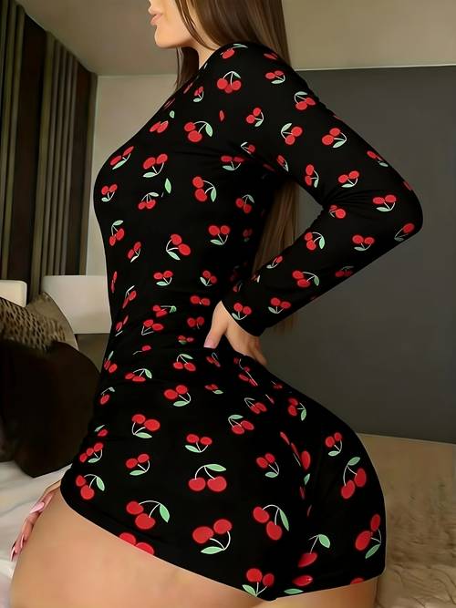 plus size plus size plus size womens cherry print bodysuit long sleeve button v neck fitted jumpsuit womens pajamas