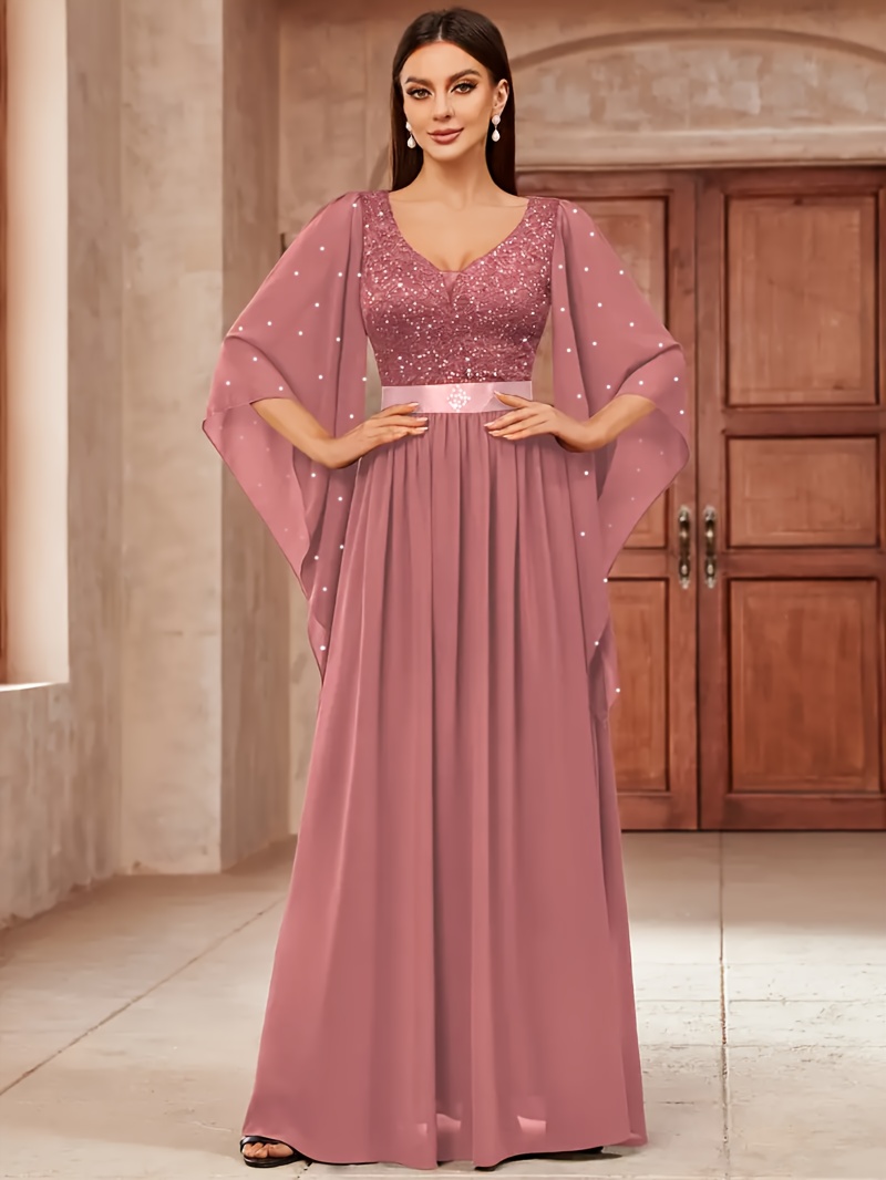 Elegant Women's V-neck Lace-trimmed Chiffon Banquet Gown, Suitable for Parties, Dinners, and Weddings