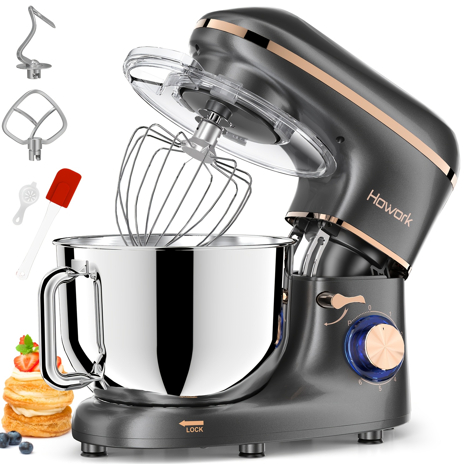 Image of Howork Vertical Mixer, 6.2 , 2000 Watts, 6-speed Tilt-head Food Dough Mixer With Dough Hook, Flat Beater, And Whisk, Electric Kitchen Mixer With Mixing Bowl