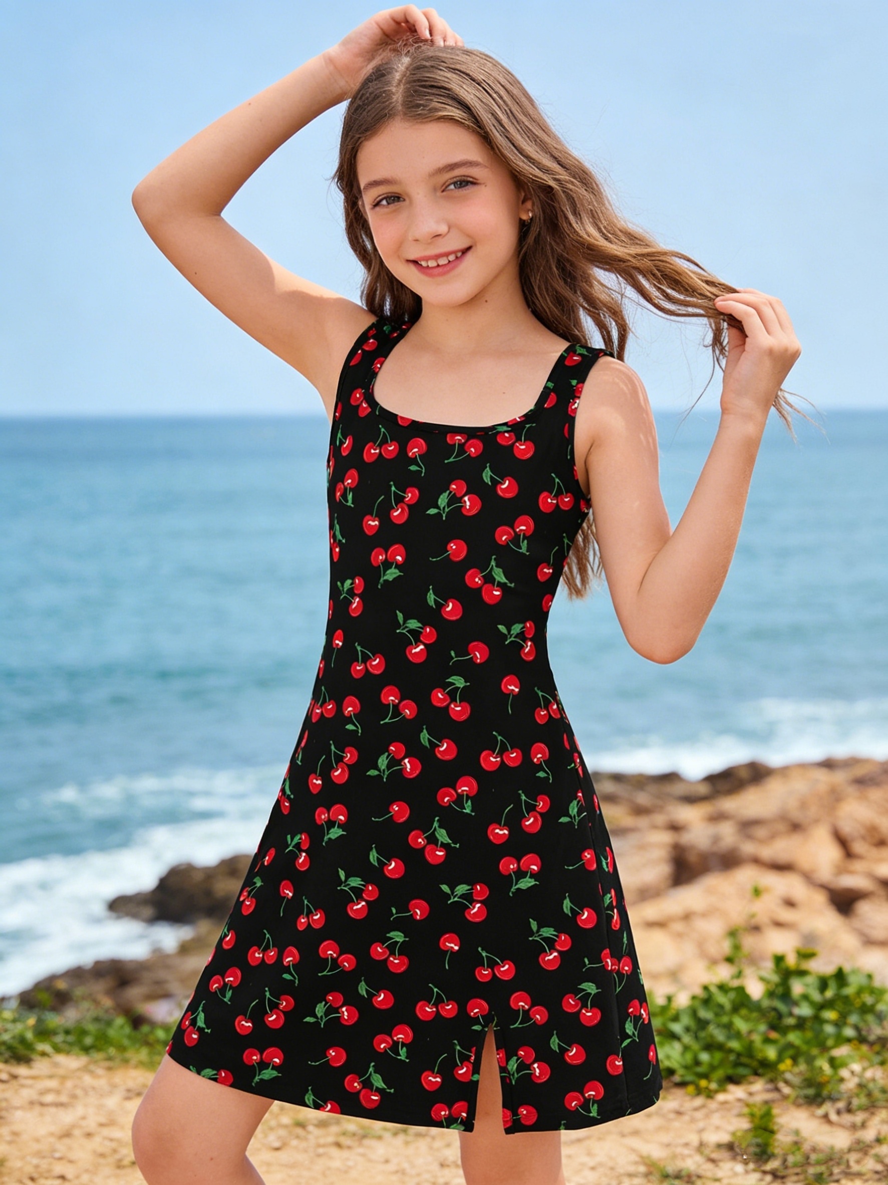 girls teen cherry print camisole dress square - Temu Bahrain