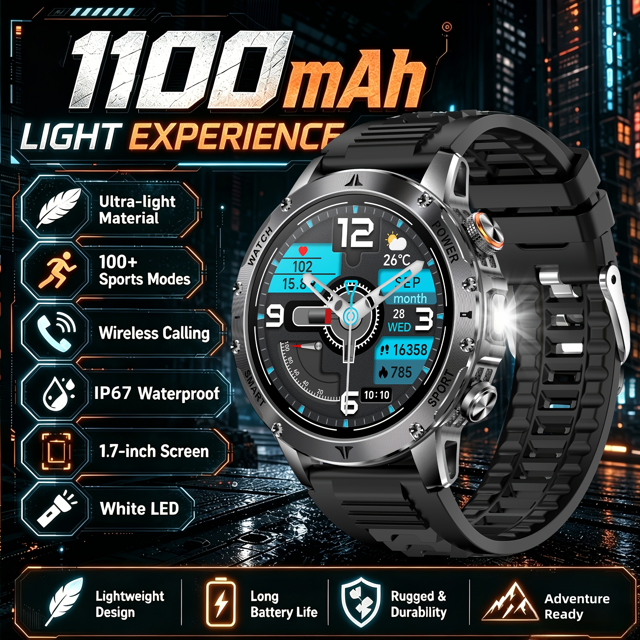 Image of Watch, 1.7" Screen Smartwatch With 1100mah Battery/ Standby, Wireless Call And Ip67 Waterproof, 100 Led Flashlight, Fitness Outdoor Watch For Ios, Father's Day Gift
