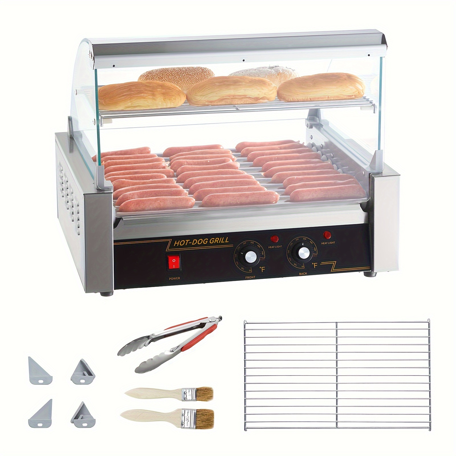 

Vevor Hot Dog Roller, 11 Rollers 30 Capacity, 1650w Stainless Sausage Grill Cooker Machine With Dual Glass Hood Acrylic Cover Bun Warmer Shelf Removable Drip Tray, Etl