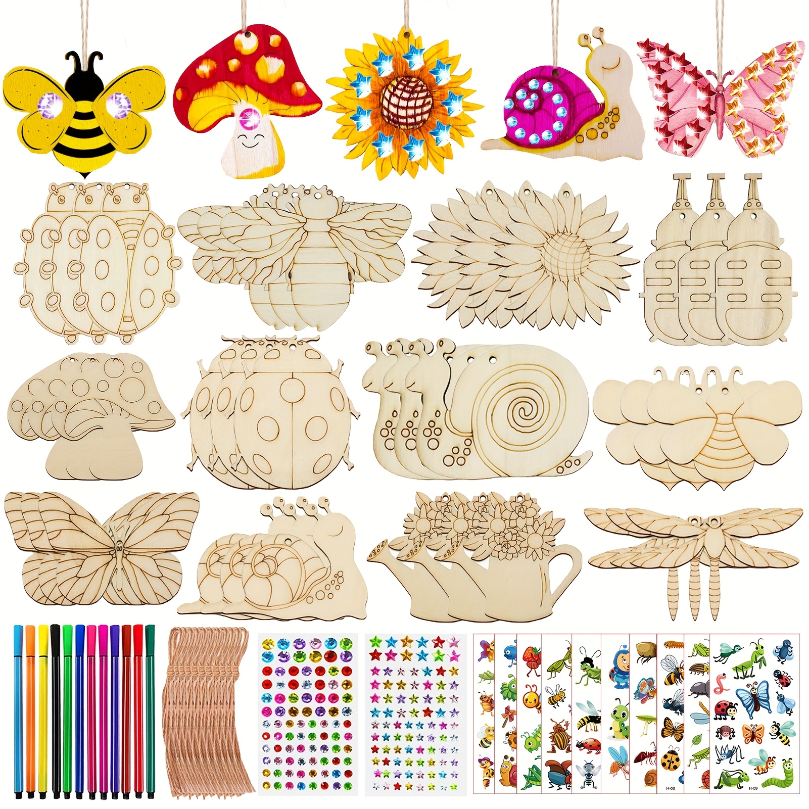 288-teiliges Holztier-Kunsthandwerk-Set, Holz-Kunsthandwerk für Kinder mit 36 Holzblöcken, 36 Seilen, 12 Aquarellstiften, 202 Strasssteinen und 2 Aufklebern, kreative Spielzeuge, DIY-Kunsthandwerk für Kinder und DIY-Geburtstag-Kunsthandwerk