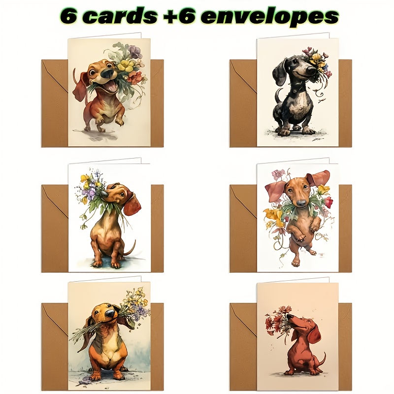 E-shop 12er-Pack Dachshund und Blumen-Grußkarten mit Umschlägen, niedliches Welpen mit Blumenstrauß-Illustrationsdesign, tägliche Gruß- und