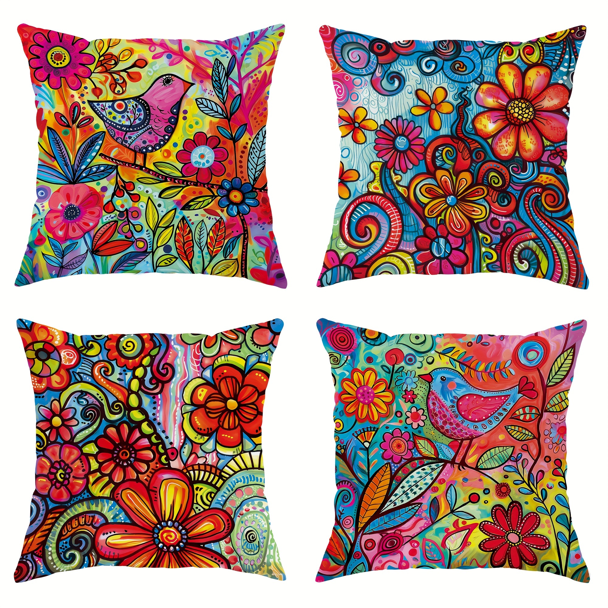 

[JIT]4pcs housses de coussin en velours à motifs floraux et oiseaux rouge vert jaune bleu mignonnes décoratives 18in*18in pour salon chambre canapé-lit décoration sans inserts de coussin