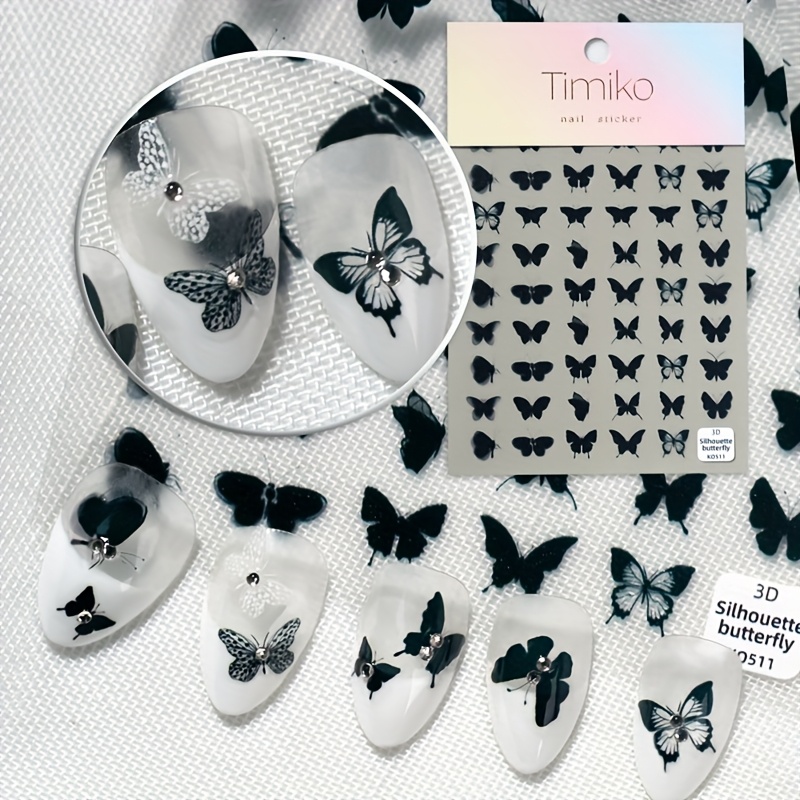 Image of 1 Black Vivid Simulation Nail Art Sticker, With Relief And , Fashionable And Trendy Graphics, Suitable For Personal Diy Use