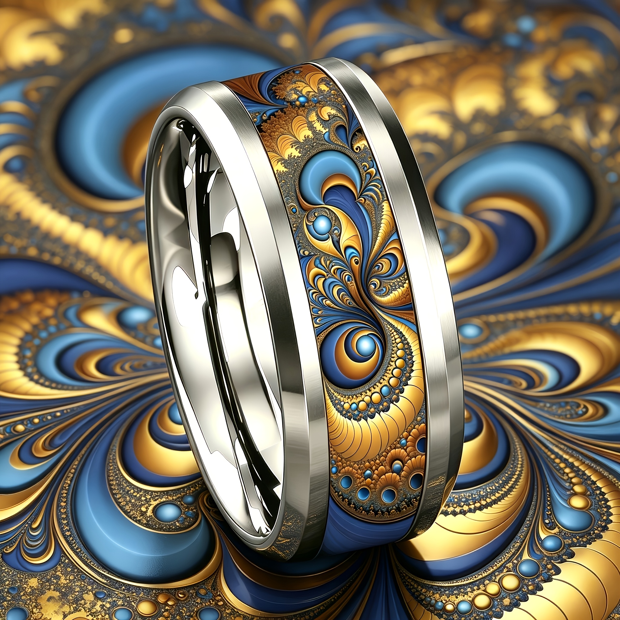 Blue Golden Fractal Vortex Stainless Steel Ring, 8mm Wide
