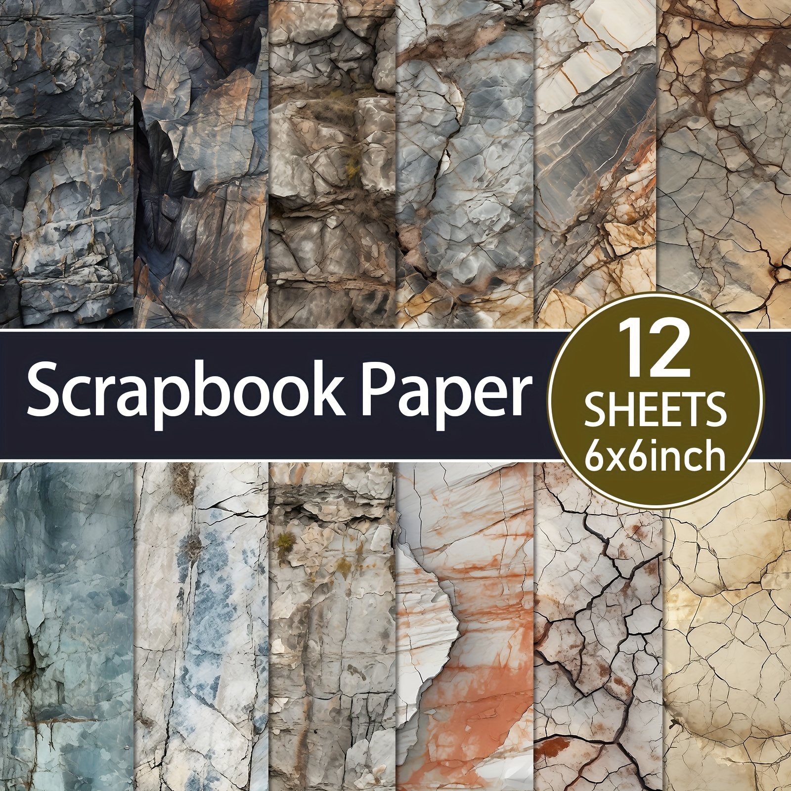 TEMU 12 feuilles de papier scrapbooking à texture roche - Bloc de papier cartonné à thème texture de 6X6 pouces, scrapbooking de décoration à texture