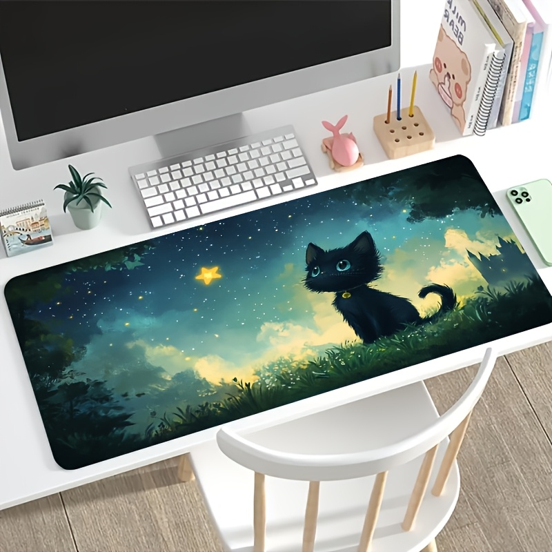 1pc large   gaming mouse pad black cat   at     pattern non slip washable rubber base big size desk mat office desk additions Product details 2