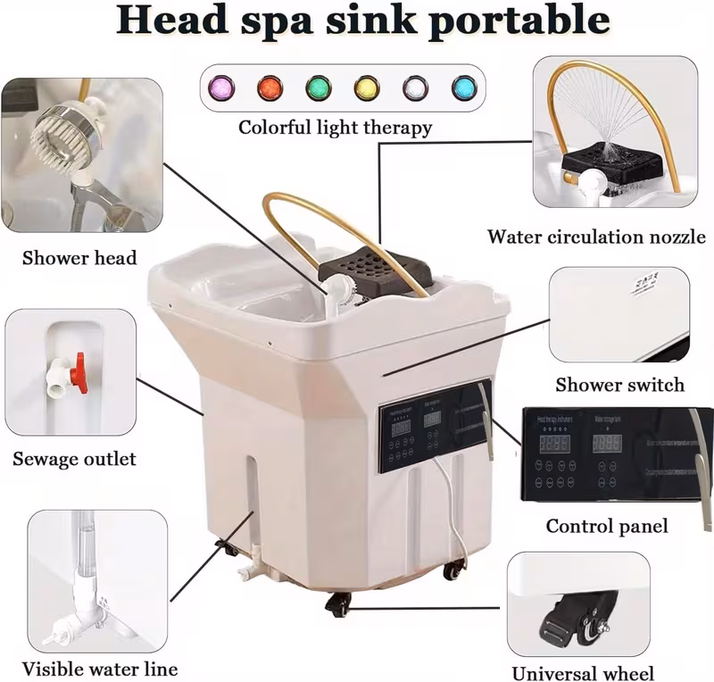 equipment for head spa including a shampoo basin a large 60l water tank with fumigation and water circulation designed for japanese massage and light for intended for use with a shampoo bed bed not included Product details 3
