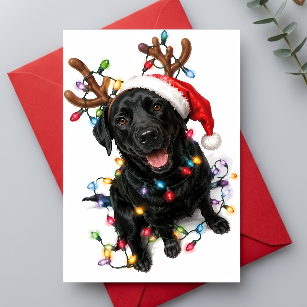 TEMU Christmas Greeting Card, Adorable Festive With Reindeer Antlers, Santa Hat & Decorative String Lights, For Dog Lovers, Pet Owners, Family & ,