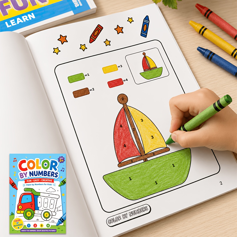 TEMU 32 Pages Children Color By Numbers Activity Book, Easy Creative Number Matching Coloring Pages, Educational Preschool Drawing Workbook For Kids