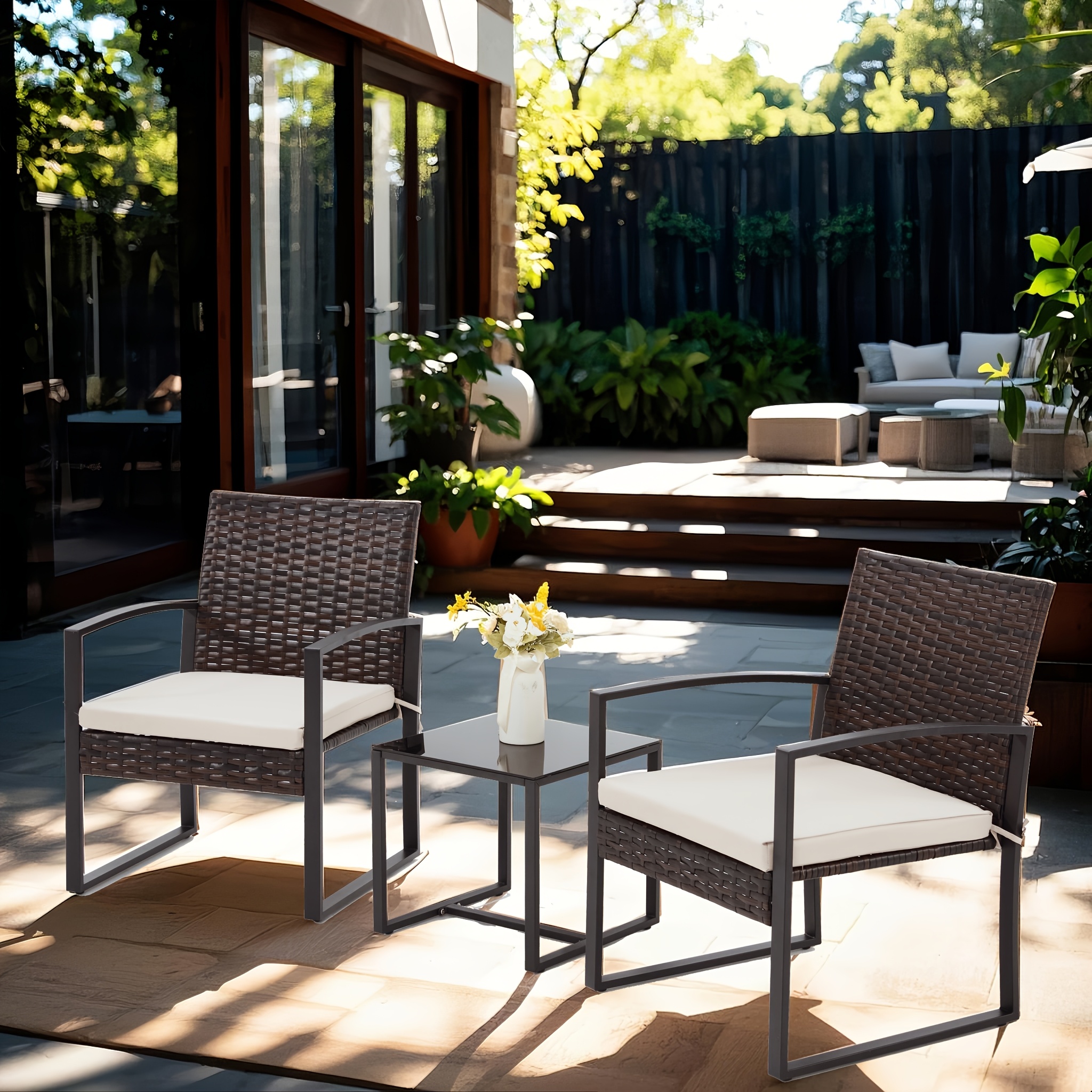 Bezseller 3pcs Outdoor Furniture Set, Rattan Bistro Set with Coffee Table, Sturdy Steel Frame with Cushions for Garden, Balcony, Poolside, And Backyard