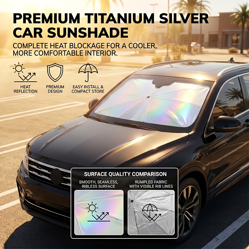 TEMU Titanium Silvery And Laser Portable Foldable Car Sunshade Front Gear, Universal Suitable For Sedans, Suvs, Etc., Effectively Blocks , Enhances