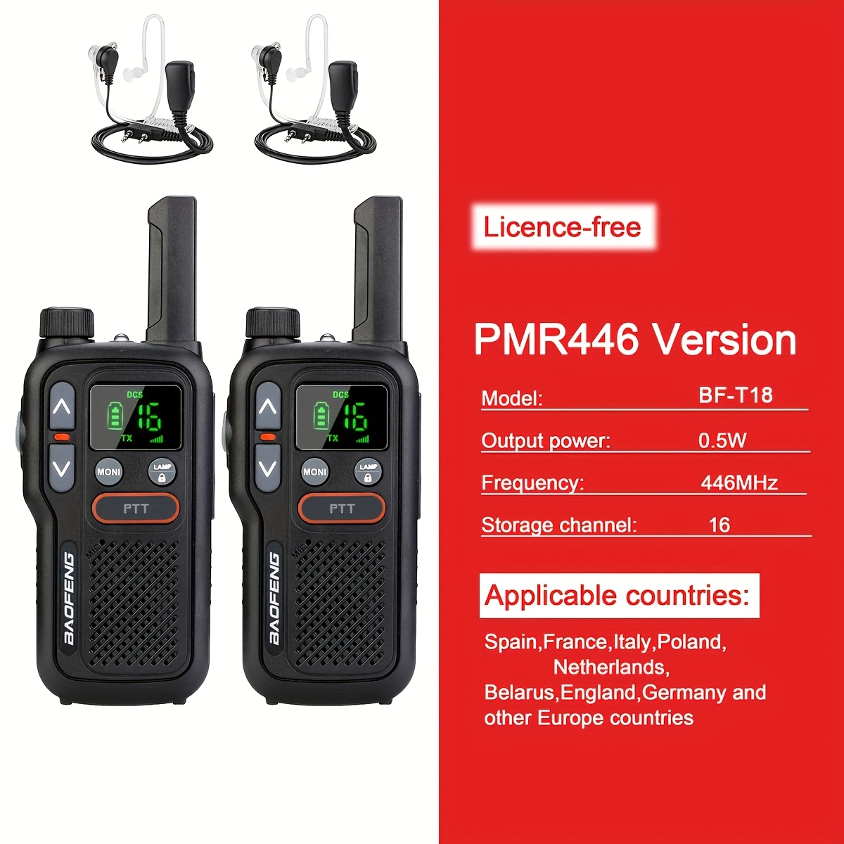 Image of Baofeng 2pcs Mini Walkie Talkie Pmr446 Usb Portable Radio Dual Ptt Walkie-talkies Bf-t18 Portable Radio For Hunting Cafe