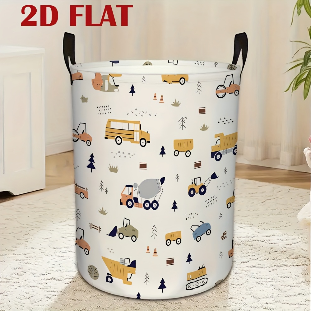 TEMU Dokriy 1pc Large Round Hamper Basket With School Bus, Tree & Storage - Heavy-duty Polyester Foldable Laundry Basket Suitable For, Room, Dorm,