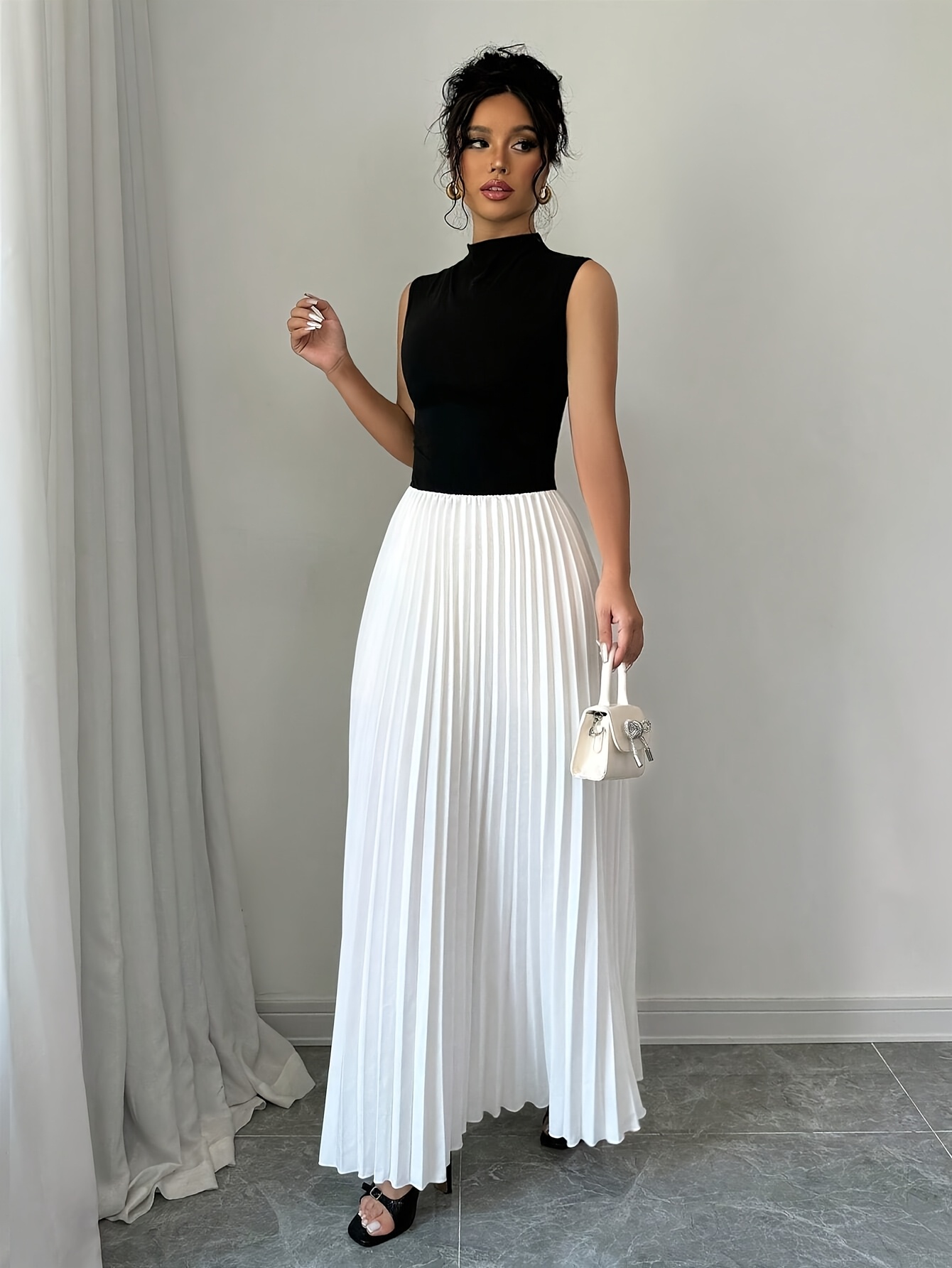 black top white skirt dress New Chinese style Black top shirt print skirt set spring and summer top / L