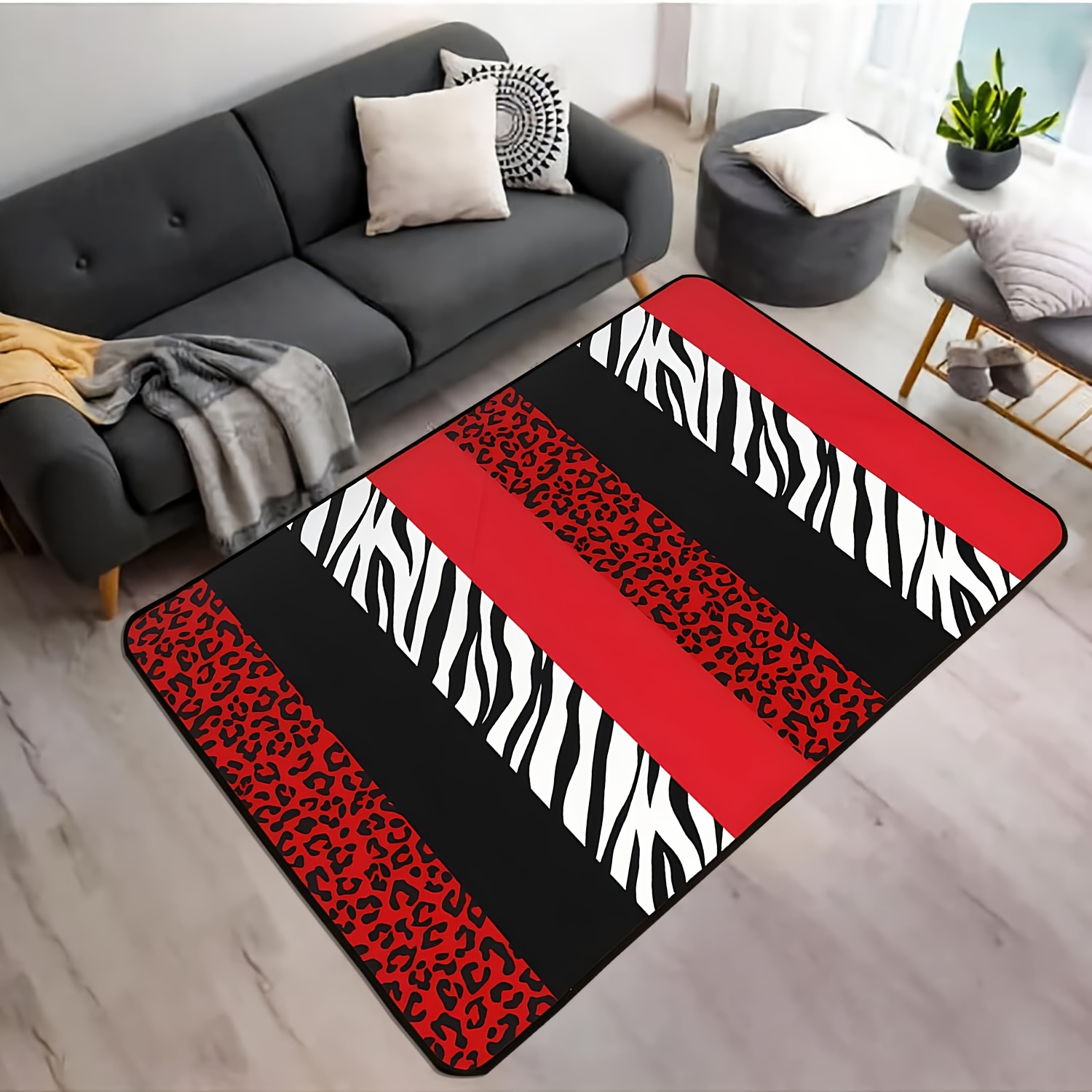 

Machine Washable Zebra & Leopard Print Area Rug - Lightweight Non-slip Polyester Floor Mat 47x63 Inches For Home Office Bedroom Living Room - Geometric Stripes In Fashionable Black And Red