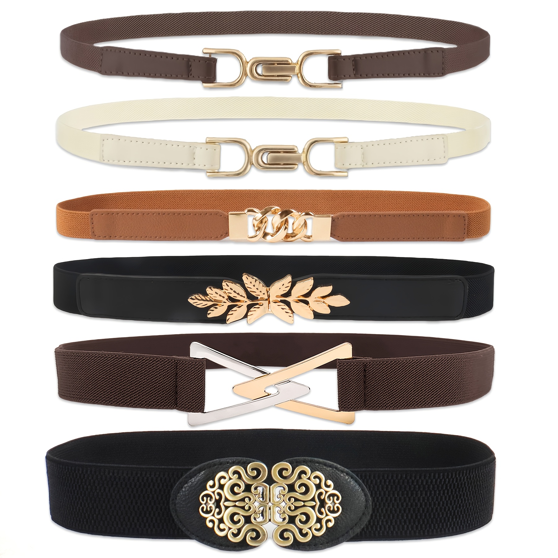 TEMU 6pcs Vintage Elastic Narrow Belts, Leaf Retro U-shaped High-elastic Belt