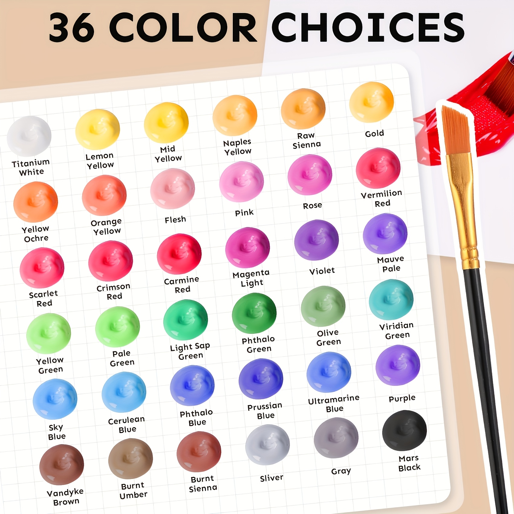 TEMU Set de Peinture Acrylique 24/36 Couleurs avec 12 Pinceaux d'Art de Qualité Supérieure | Fournitures d'Art pour Débutants et Professionnels,