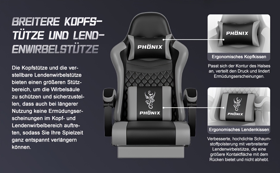 Fauteuil de Gaming avec Repose-Pieds, Fauteuil Ergonomique pour Gaming, Fauteuil à Bras avec Coussin Lombaire Réglable, Support Lombaire et Appui-Tête Ajustables, Pivotant à 360° et Conçu pour un Poids jusqu'à 150 kg