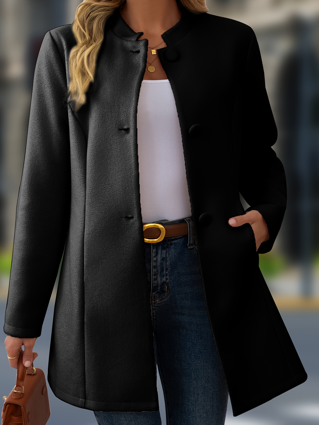Chaqueta casual para mujer de poliéster, cuello alto, manga larga, abotonada, color sólido, para otoño/invierno