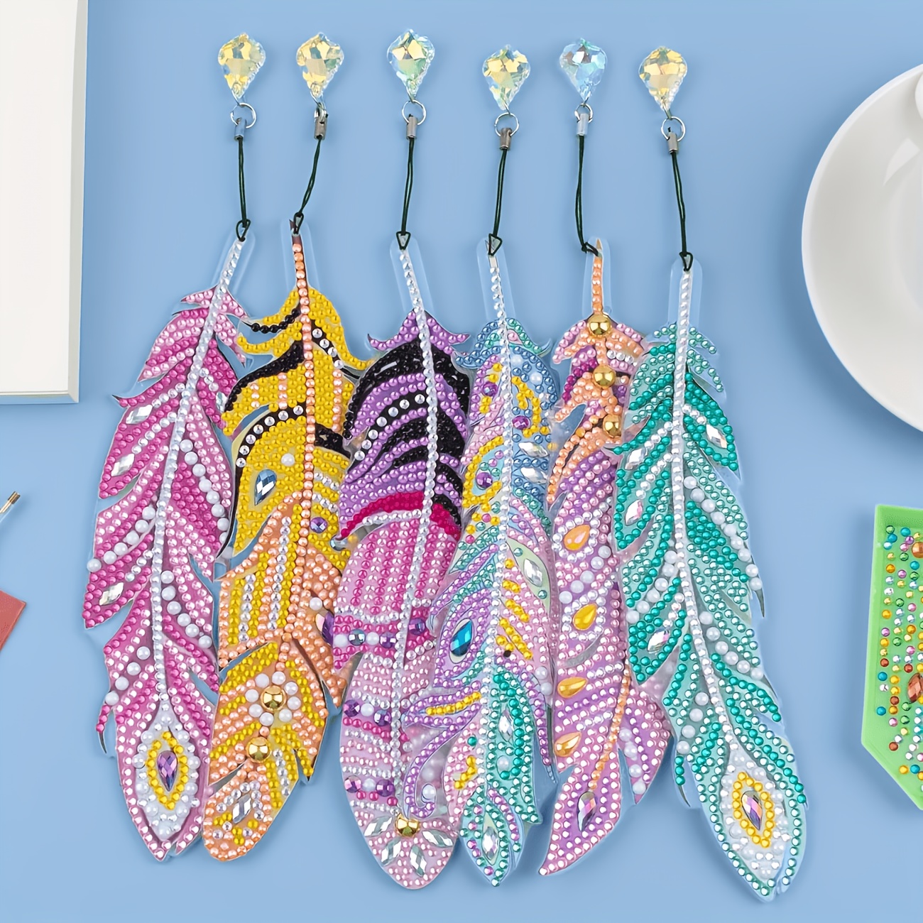 TEMU 6pcs Diamond Painting Bookmark Feather Bookmark Home Office School Classroom Crystal Pendant Bookmark 5d Diamond Painting Suitable For Beginners