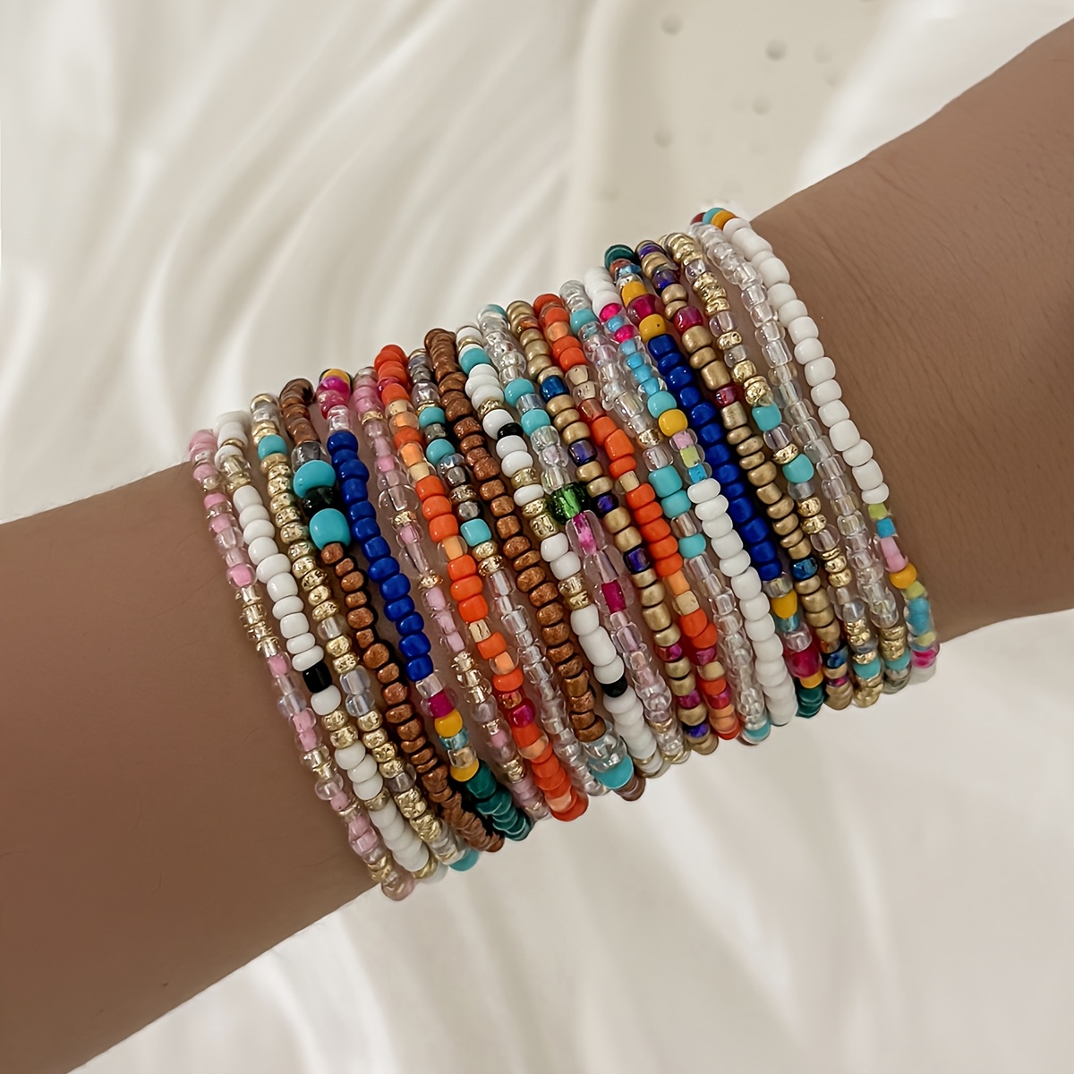 TEMU Juego de 20 pulseras de cuentas de cristal de semilla, sencillas, elegantes y versátiles, estilo festivo y coloridas