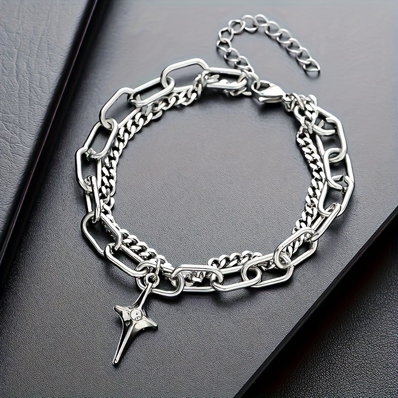 Image of Silvery Starlight 304 304 304 304 Stainless Steel Men's Bracelet, Anti-fading Personalized Fashion Double Chain Style Couple Bracelet, Affordable Jewelry Suitable For Daily Wear And Commuting
