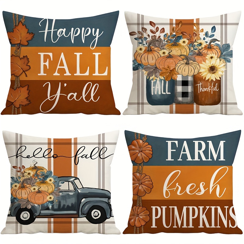

Set Of 4 Autumn Decorative Throw Pillow Covers With Hidden Zipper, Machine Washable, Woven Linen Blend, Contemporary Style, Fall Theme Patterns For Various Room Types - 18"x18