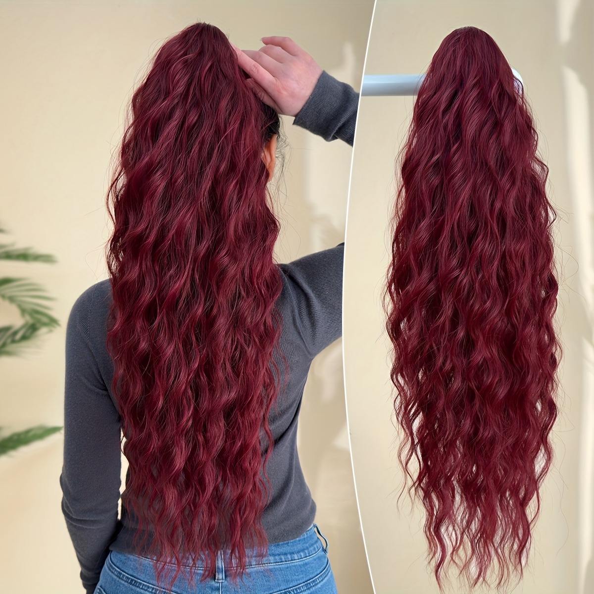 Image of 28" Burgundy Water Wave Ponytail Extension - Heat-resistant Synthetic Hair For Women, Natural Look, Perfect For Daily Wear & Styling, Hair Accessories