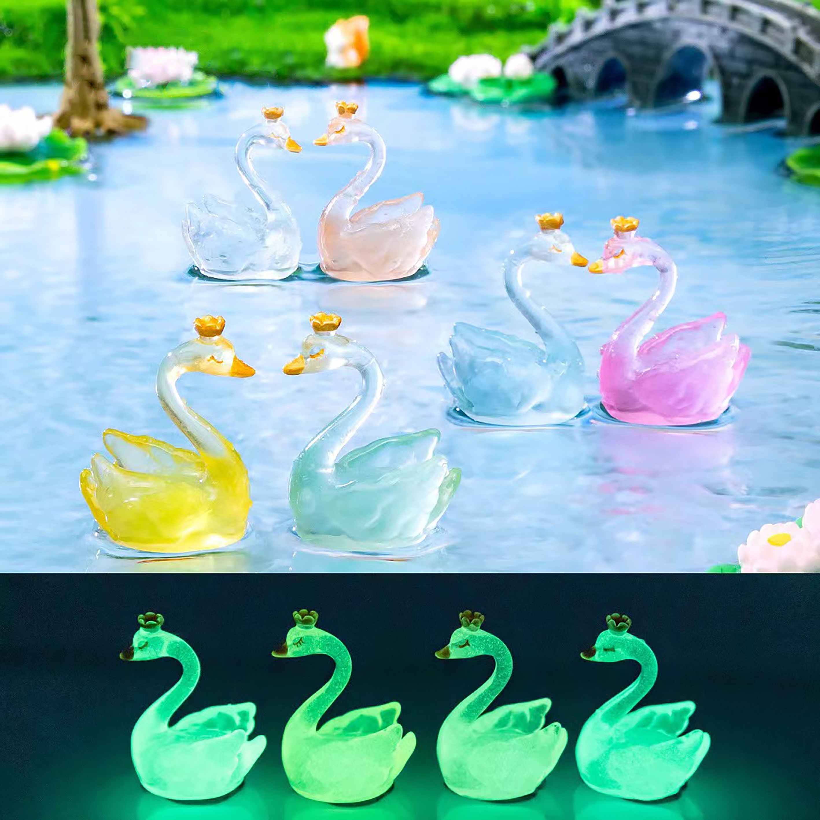 

6-piece Glow-in-the-dark Crown Swan Statues - Vibrant Resin Garden Ornaments For Ponds & Aquariums, Adds A Touch Of Magic To Your Space
