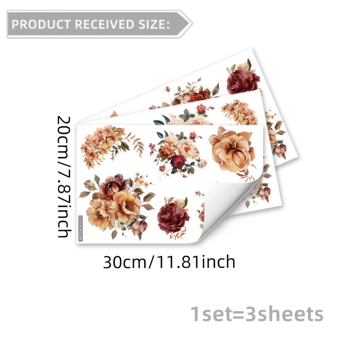 Image of A Set Of 3 Sheets (20*30cm*3pcs) Retro Floral Bathtub Stickers, Decoration For Bathroom, Toilet, Bedroom, Decorative Wall Stickers, Self-adhesive, Removable (ms7236-yc)