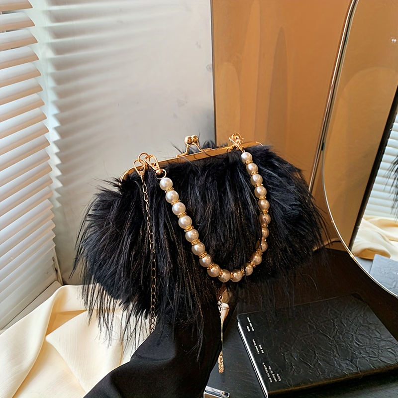 E-shop Luxuriöse Kunstfell Abendtasche, flauschige, einfarbige Schultertasche mit großem Fassungsvermögen, Perlengriff, Clutch, Umhängetasche für Damen