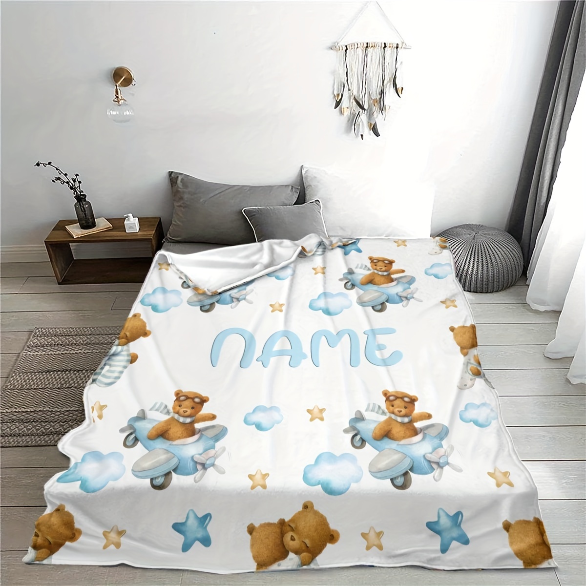 Personalized Custom Name Flannel Blanket, Cute Bear Airplane Series