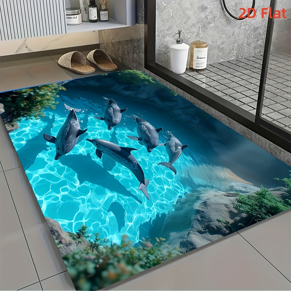 E-shop Badematte mit Delfinmuster im Ozean-Design | Waschmaschinenfest, komfortables Flanell, geeignet für Schlafzimmer, Wohnzimmer, Badezimmer,